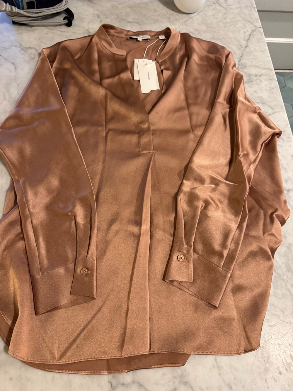 Vince Silky Copper Button-Cuff Blouse